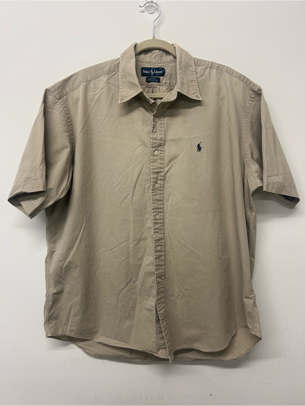 Men’s Ralph Lauren Short Sleeve Button-Down Shirt - Beige with Navy Logo